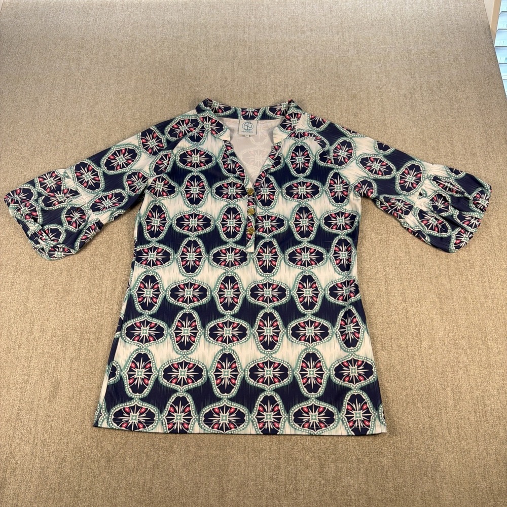 Tracy‎ Negoshian Top Sz S Tunic Modern Print Navy Pink Teal Bell Sleeves